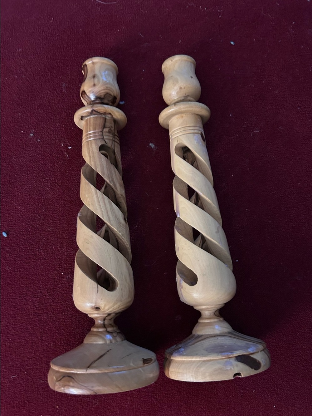 Handturned Natural Wood Spiral Candlestick Pair - Light Brown